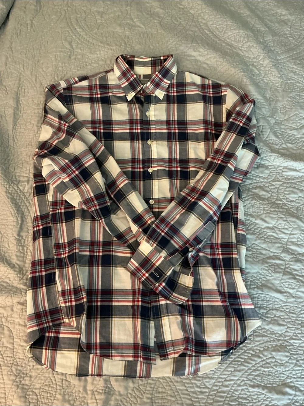 J. Crew White Plaid Button-Down Shirt with Red & Navy Stripes